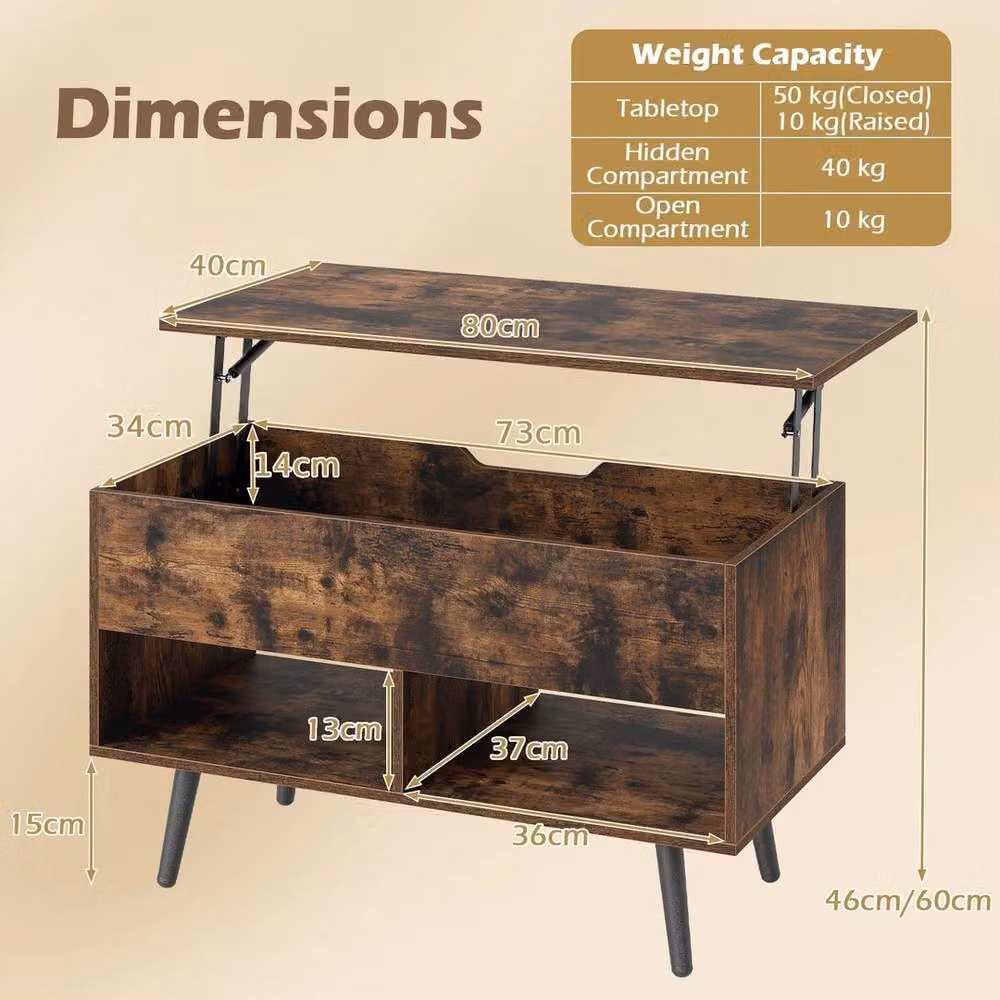 VOGREX Brown Mid-Century Rectangular Lift Top Coffee Table with Shelves – 2
