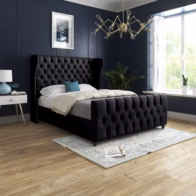 KDMD Donati Upholstered Soft Velvet Bed Frame in Black, Size: 140 x 200 cm
