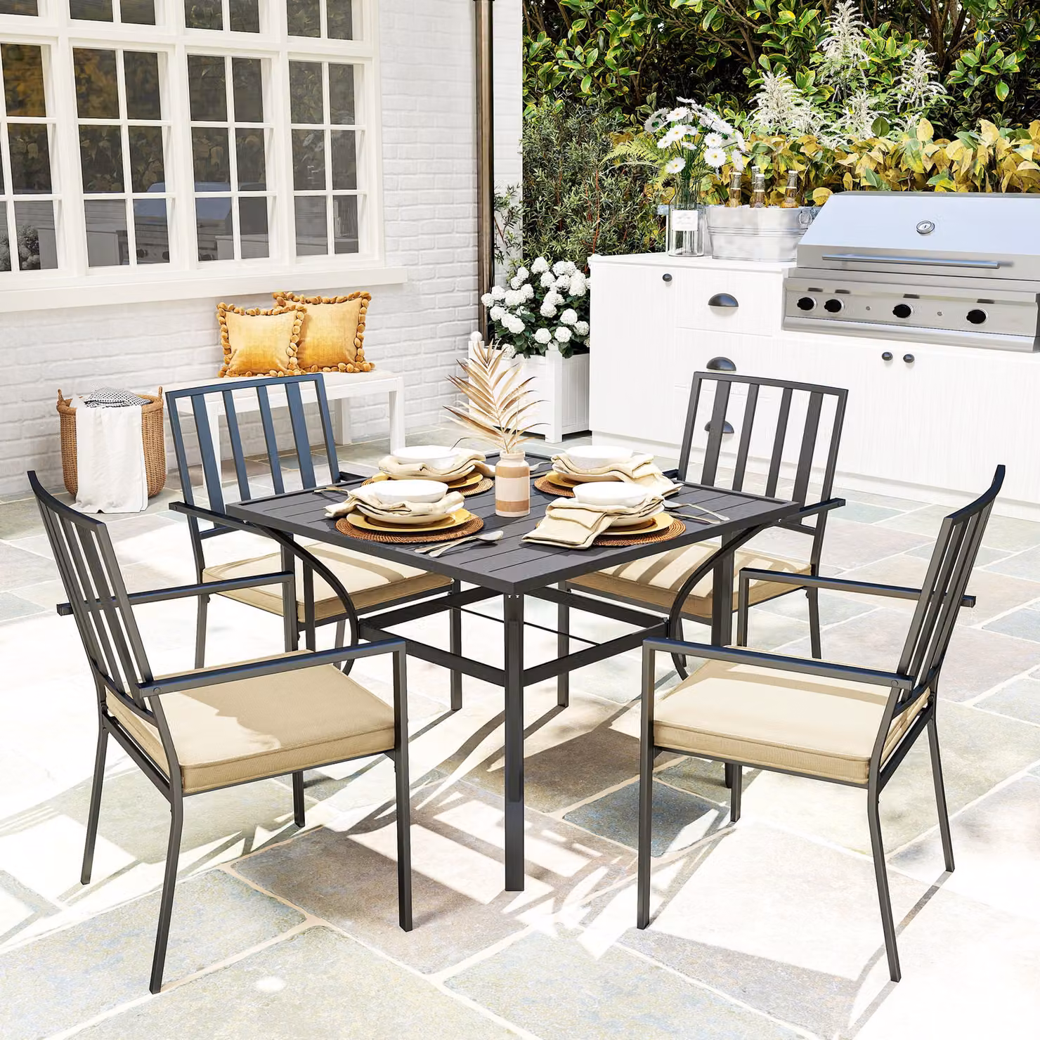 Outsunny 5-Piece Black Metal Outdoor Dining Set with Cushions and Umbrella Hole – 2