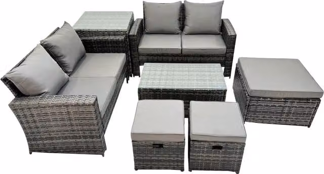 Fimous 7-Seater L-Shape PE Rattan Garden Sofa Set with Coffee Table and Ottomans in Dark Grey Mixed