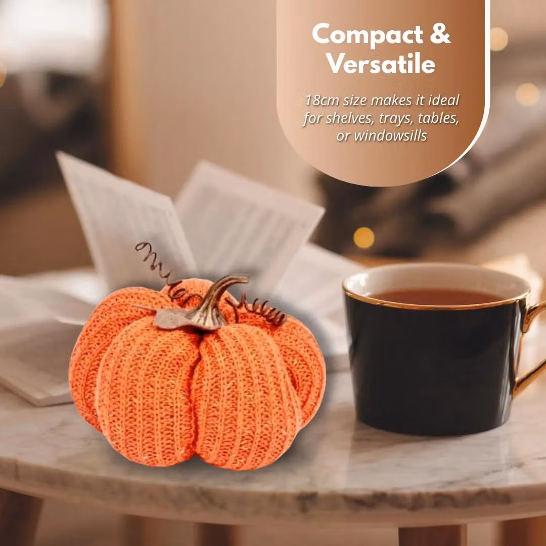 Marco Paul Orange Plush Pumpkin Autumn and Halloween Tabletop Décor, Height: 18 cm – 6