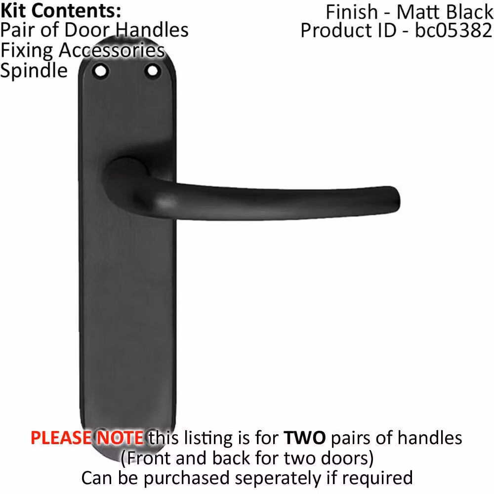 Loops 2x Pair Slim Round Bar Handles with Shaped Latch Backplate, Matt Black, W: 18.5 cm, H: 4 cm – 2