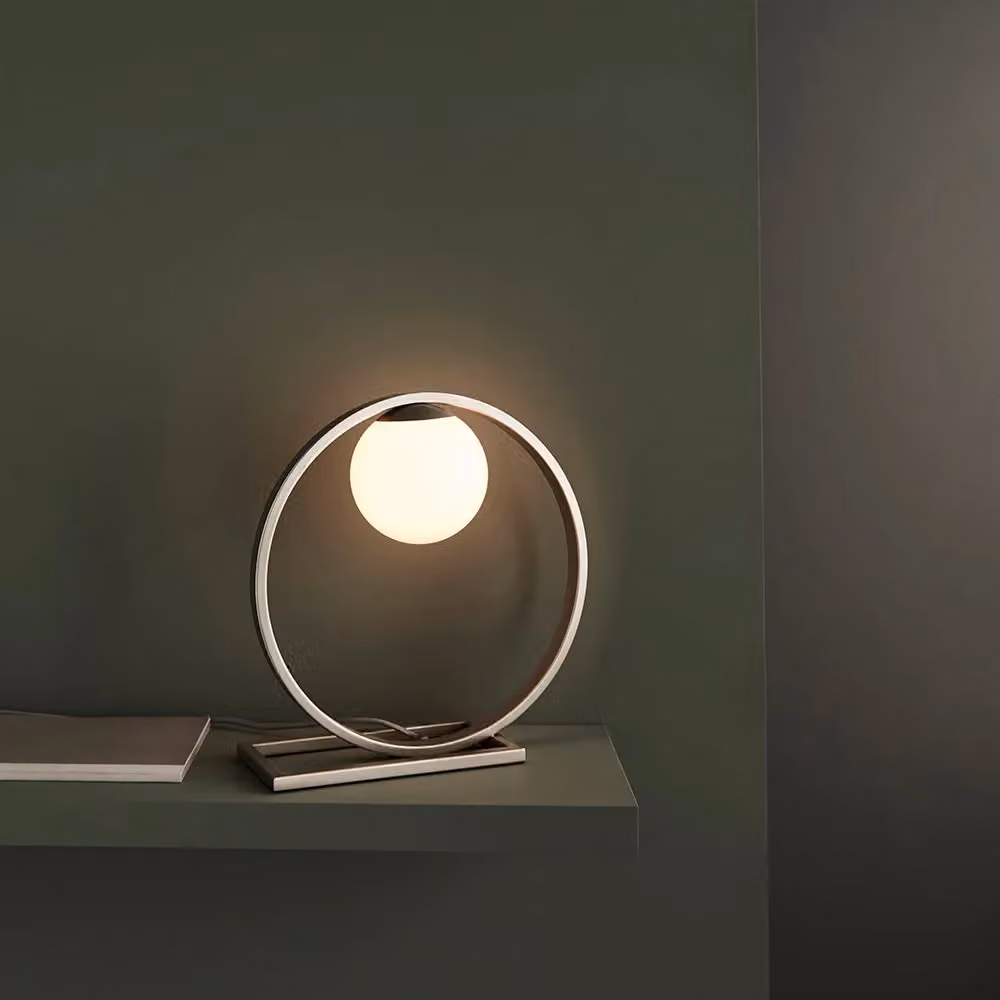 Loops Brushed Silver Table Lamp with Gloss Opal Glass Shade and Circular Hoop Design – 2