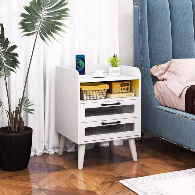Costway Mid Century Modern Bedside Table with Charging Station, White