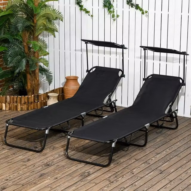 Outsunny Set of Two Folding Sun Loungers with Adjustable Backrest and Sunshade in Black