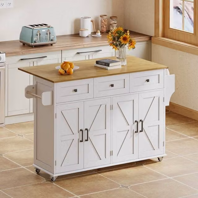 Rolipo White Drop Leaf Farmhouse Rolling Kitchen Island