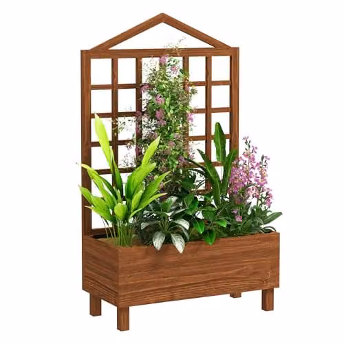 Outsunny Wooden Raised Bed Planter with Trellis for Climbing Plants, Brown, H x W x D: 150 x 90 x 43 cm – 1
