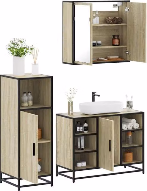 Berkfield Home 3 Piece Industrial Bathroom Furniture Set in Brown Sonoma Oak Engineered Wood – 1