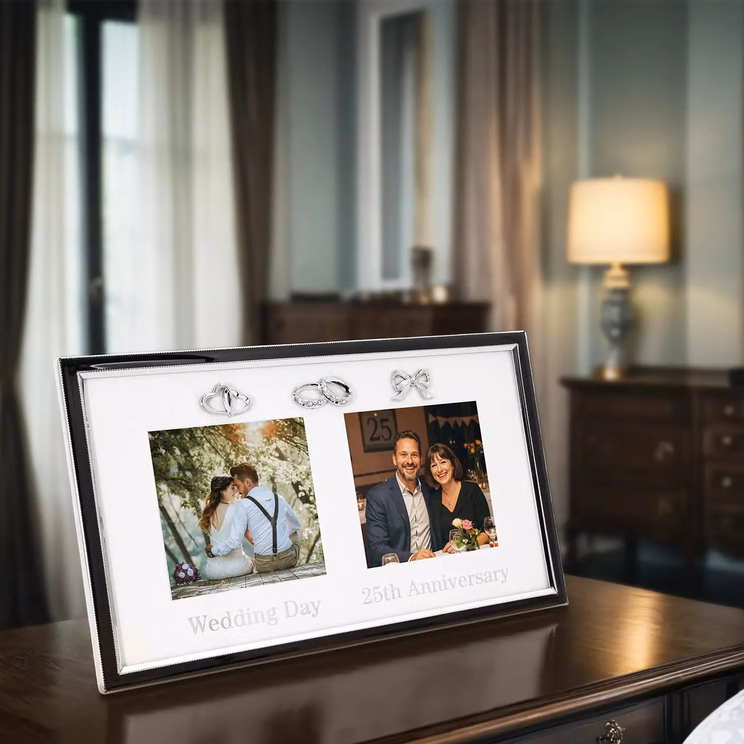 Happy Homewares Modern Rectangular Wedding and Anniversary Frame in Silver and Black with Glass and Metal Details, H: 29 cm x W: 19 cm x D: 1 cm – 5
