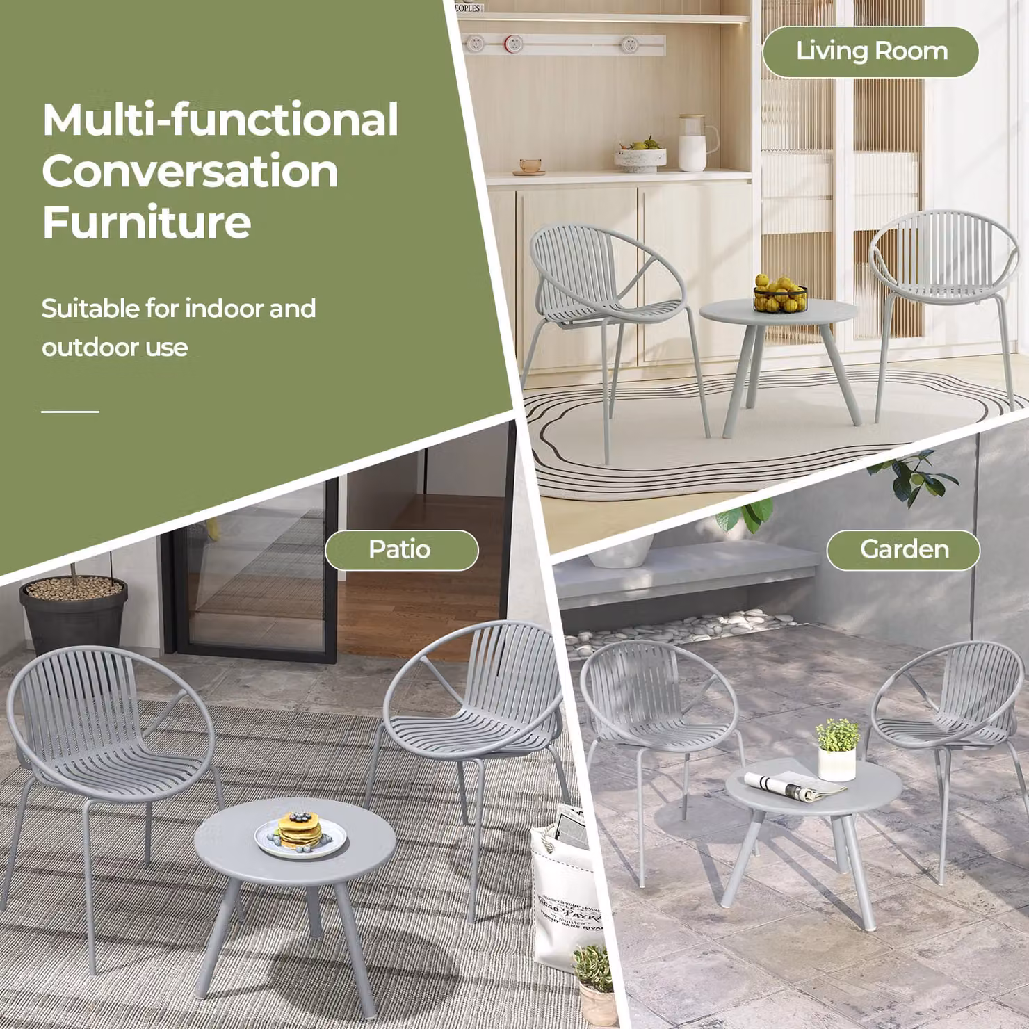 Gymax 3-Piece All Weather Bistro Patio Conversation Set with 2 Chairs in Light Grey – 3