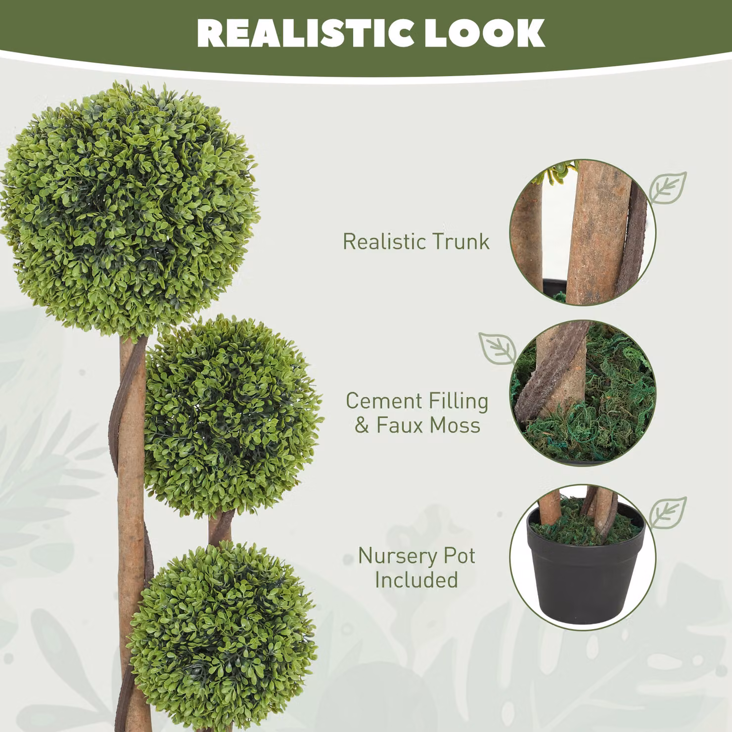 HOMCOM Set of 2 Green Artificial Boxwood Ball Topiary Trees with Concrete Pots for Indoor and Outdoor Tabletop Decor – 3
