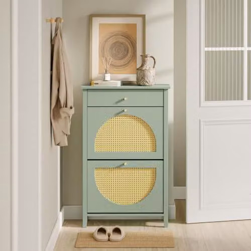 SoBuy Country House Shoe Storage Cabinet with Rattan Doors and Tilting Compartments in Green and Yellow, W/D/H: 62 x 25 x 97 cm – 2