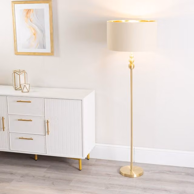 ValueLights Marissa Brushed Gold Floor Lamp with Metallic Shade and Bulb in Beige