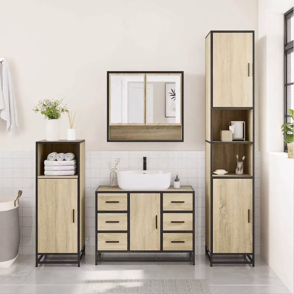 Berkfield Home 4-Piece Brown Sonoma Oak Bathroom Furniture Set with Vanity Unit and Mirror Cabinet – 2