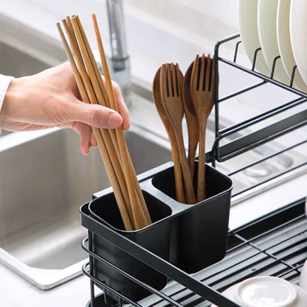 PAWNORA Large Metal Dish and Utensils Drainer Rack with Drip Tray and Cutlery Holder, Black – 3