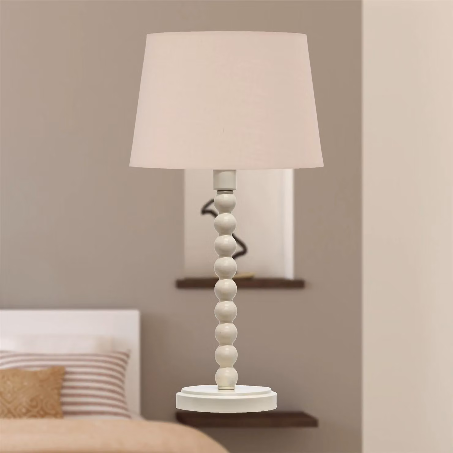 First Choice Lighting Bobbin Ceramic Table Lamp in Beige with White Fabric Shade, H: 42.0 cm x W: 28.0 cm x D: 28.0 cm – 2