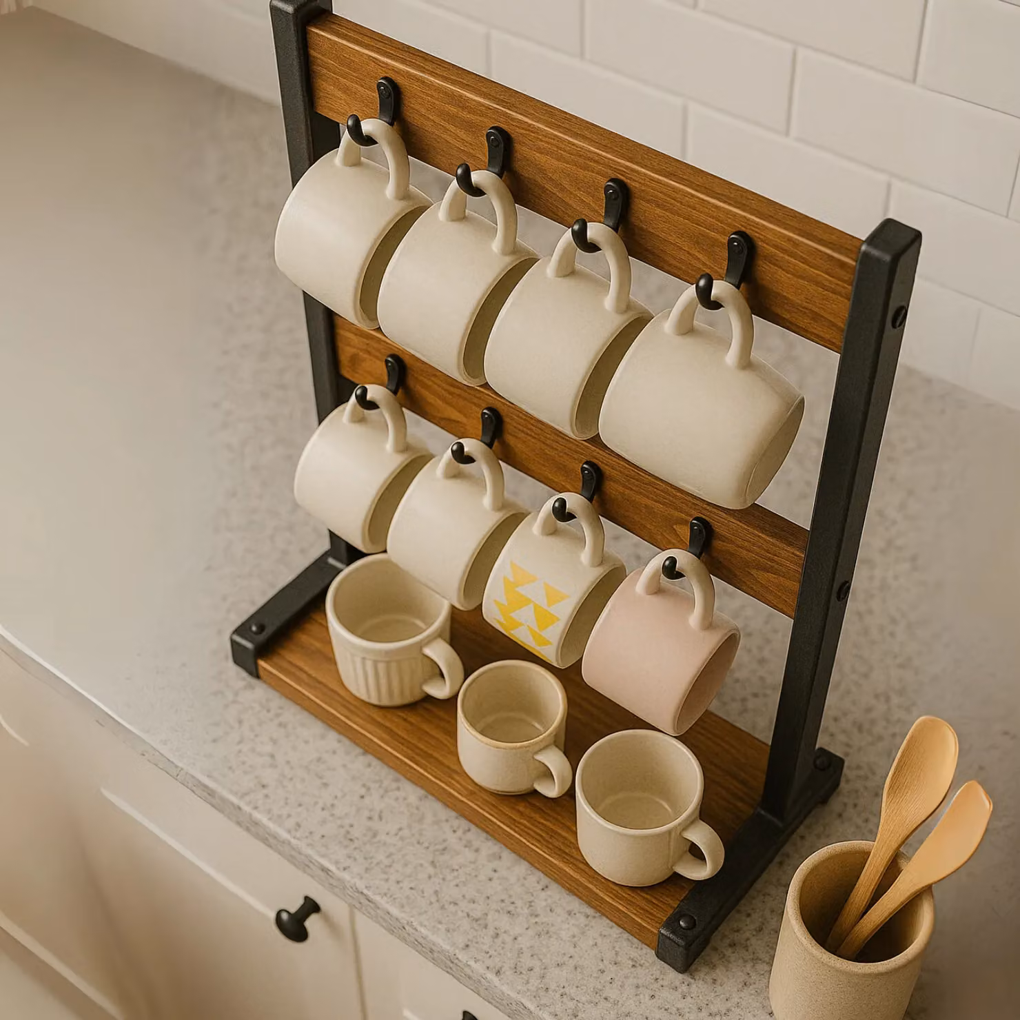 Rafaelo Mobilia Industrial Wooden Mug Holder Stand in Brown – 4