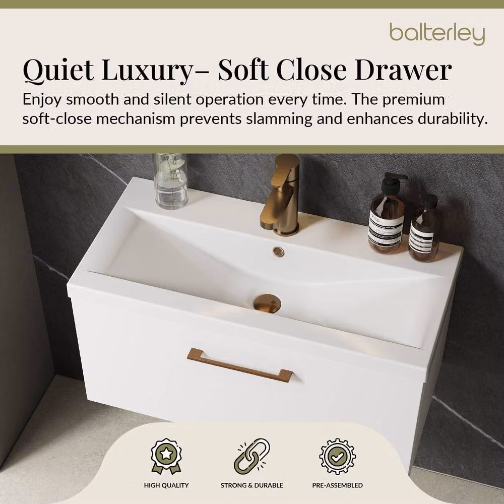 Balterley Gloss White Wall Hung 1 Drawer Vanity Basin Unit with Bronze Handle, Width: 80 cm – 3