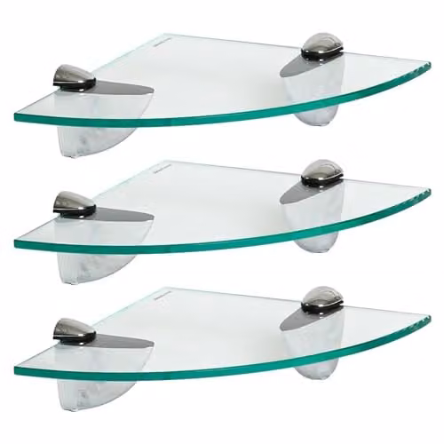 Harbour Housewares Pack of 3 Floating Glass Corner Shelves with Silver Metal Brackets for Bathroom and Kitchen Storage