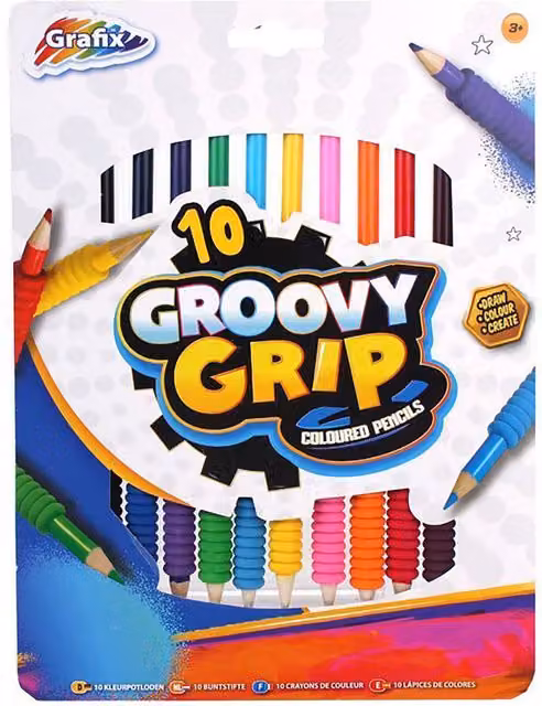 Grafix Pack of 10 Multicolour Groovy Grip Pigment Wood Coloured Pencils