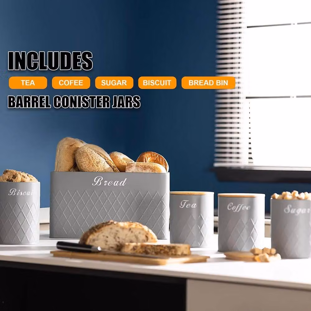 ATEK Grey Kitchen Canister Set with Bread Bin, Airtight Metal Storage Tins with Bamboo Lids for Tea, Coffee, Sugar and Biscuits – 3