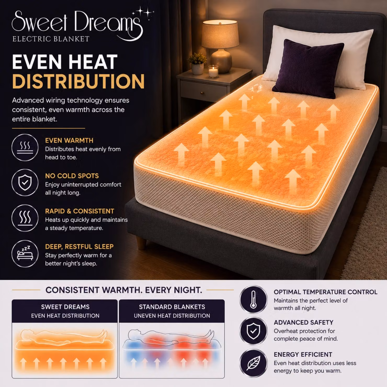 Sweet Dreams Single Fleece Heated Fitted Mattress Cover, White, W/D/H: 90 x 200 cm – 3