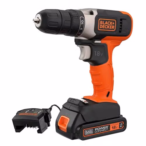 Black+Decker 18V Cordless 37Nm Torque Drill Driver with LED Worklight, 1.5Ah Battery and Charger, Orange and Black, BCD001C1-GB