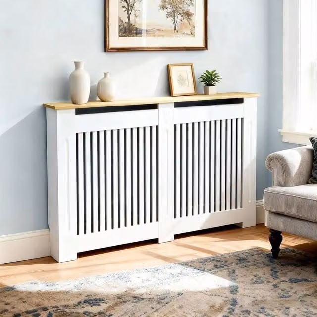 FORGEVIO Vertical Radiator Cover Shelf with Back Panel in White, W/D/H: 152 x 20 x 92.5 cm – 1