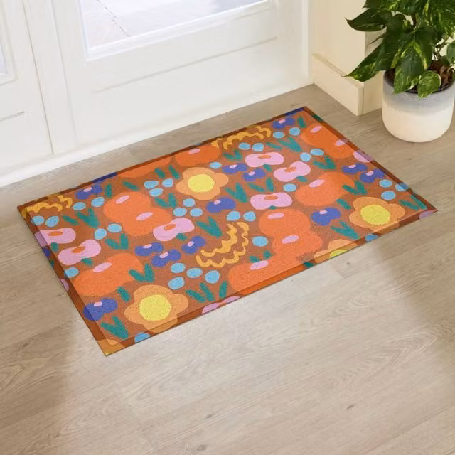 Artsy Mats Elizabeth Olwen Red Floral Indoor/Outdoor Doormat, Brown and Multicolour, W: 90 cm, D: 60 cm