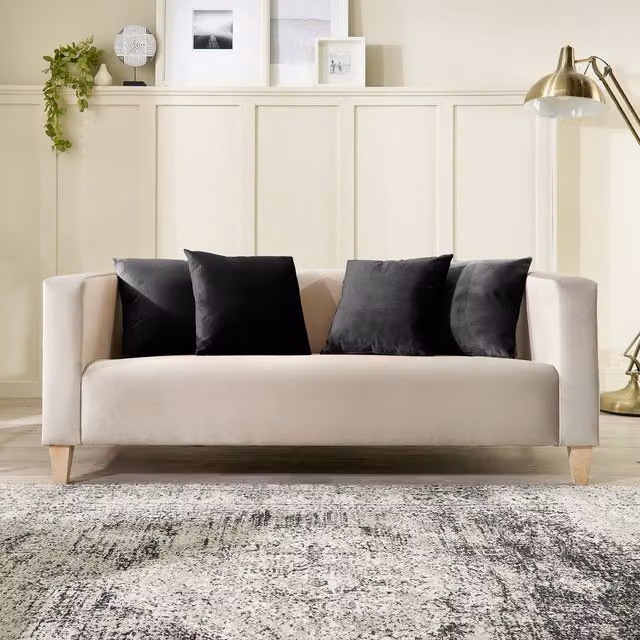 Aspire Bonnie 3 Seater Sofa in Cream Brushed Velvet with Scatter Cushions and Solid Wood Frame