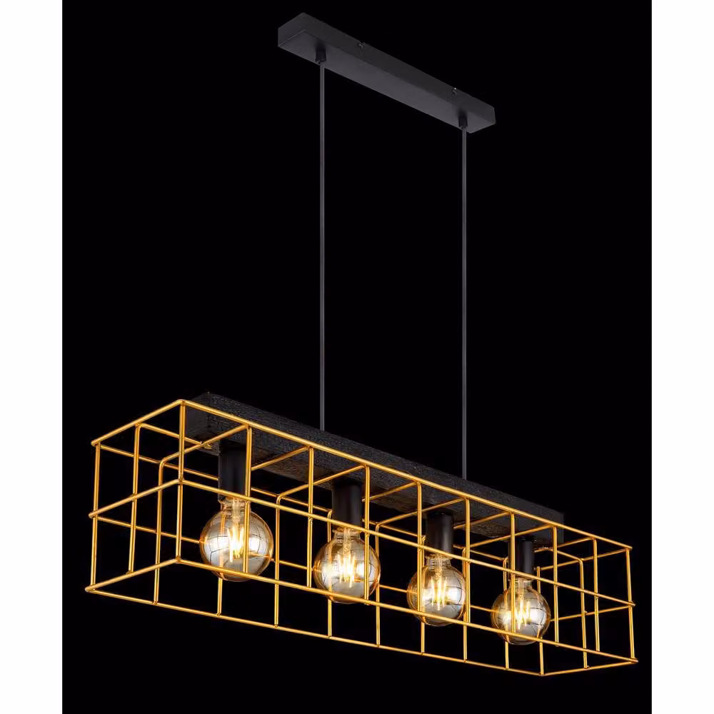 Netlighting Merril Industrial Bar Pendant Ceiling Light in Black and Wood with 4x E27 Bulbs – 3