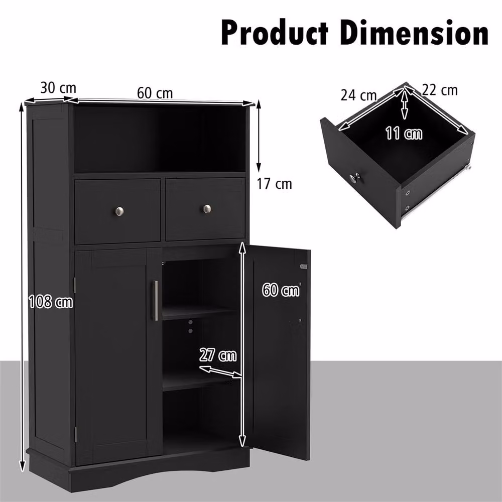 EONLION Black Matt Freestanding Bathroom Floor Storage Cabinet with Internal Drawers and Shelves – 2