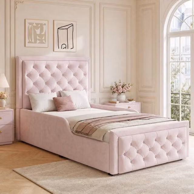 STILVORA Pink Velvet Upholstered Single Children's Bed with Hydraulic Lift-Up Storage, W/D/H: 90 x 190 cm
