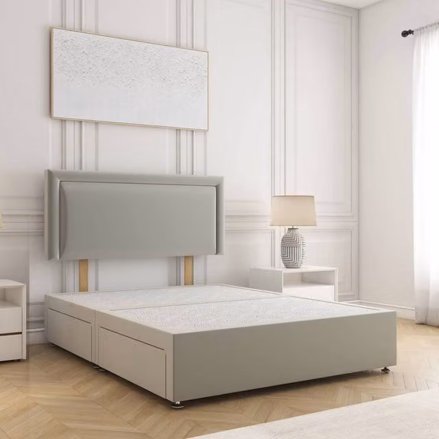BSSPOKE Ella Plush Velvet Divan Bed with 24 inch Headboard and 2 Drawers in Silver, Double Size W/D/H: 140 x 200 cm