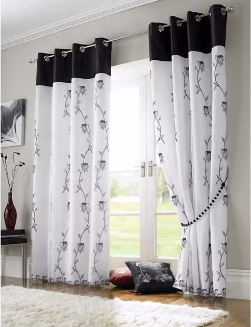 Alan Symonds Tahiti Floral Eyelet Curtains, Black and White, Width: 183 cm
