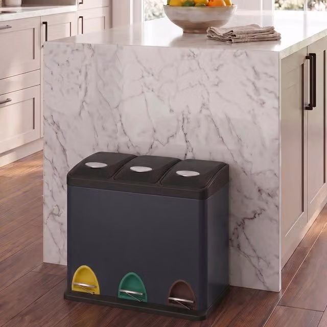 SONGMICS 3-in-1 Kitchen Waste Bin with Pedals and Removable Inner Bucket, Grey/Anthracite