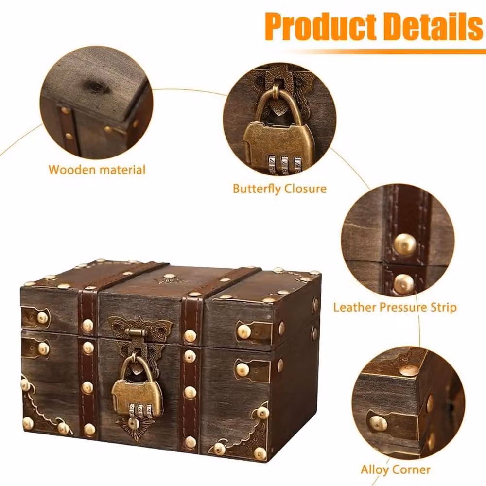 KORVIXA Small Wooden Pirate Treasure Chest Storage Box in Brown, W: 50 cm – 5