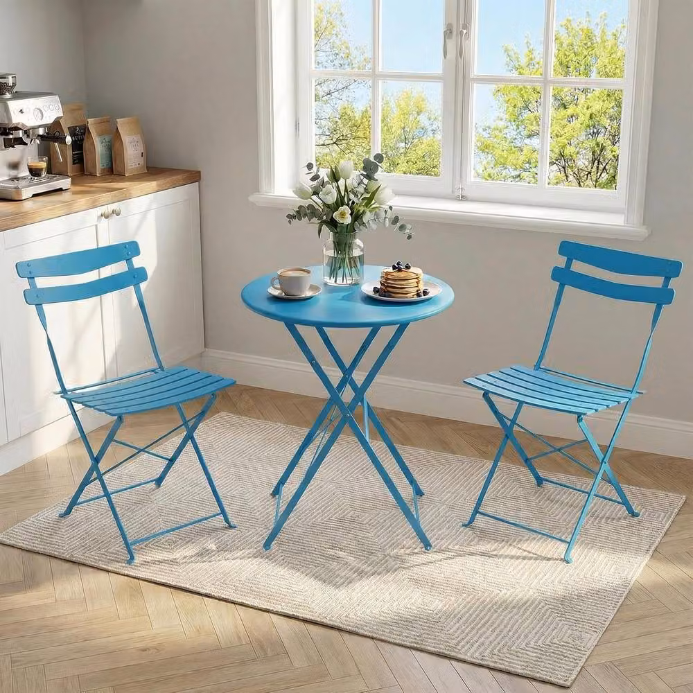 London Boutique 3-Piece Metal Bistro Set with Round Table and 2 Chairs in Light Blue – 2