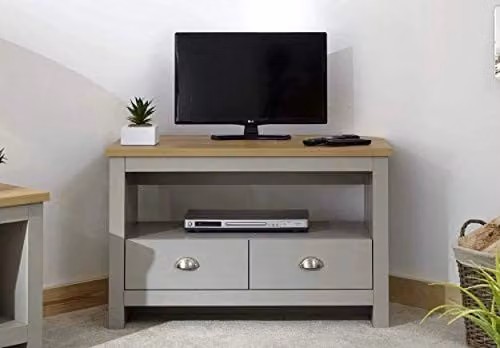 GFW Lancaster Grey and Oak Corner TV Cabinet with 2 Drawers and Media Compartments – 1