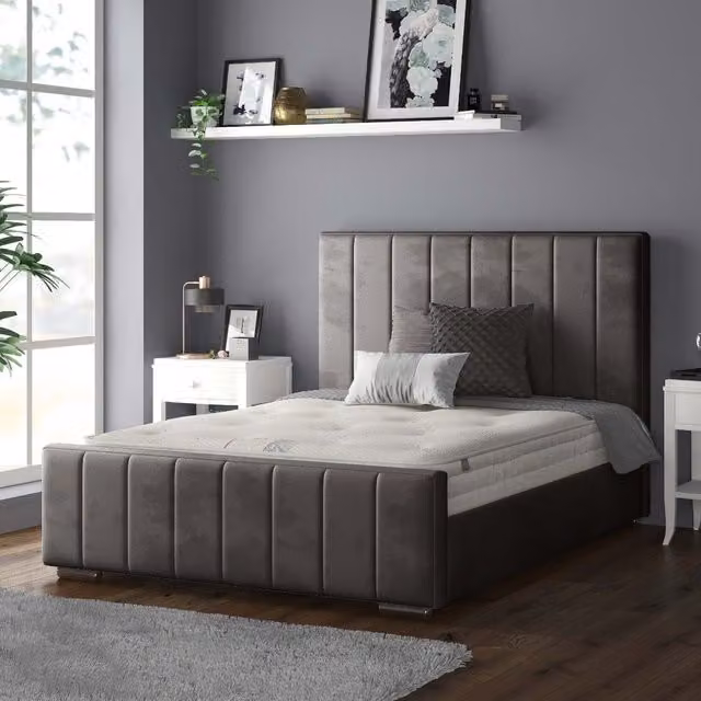 IH Design Modern Upholstered Striped Velvet Bed Frame in Anthracite Grey, W/D/H: 140 x 200 cm