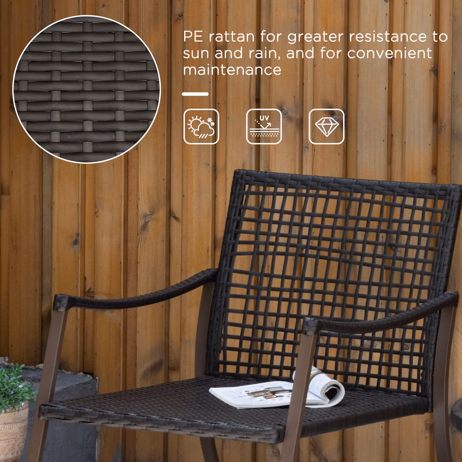 Outsunny 2 Seater Rattan Bistro Set with 2 Rocking Armchairs, Pillowed Cushions and Round Tempered Glass Coffee Table, Brown – 5