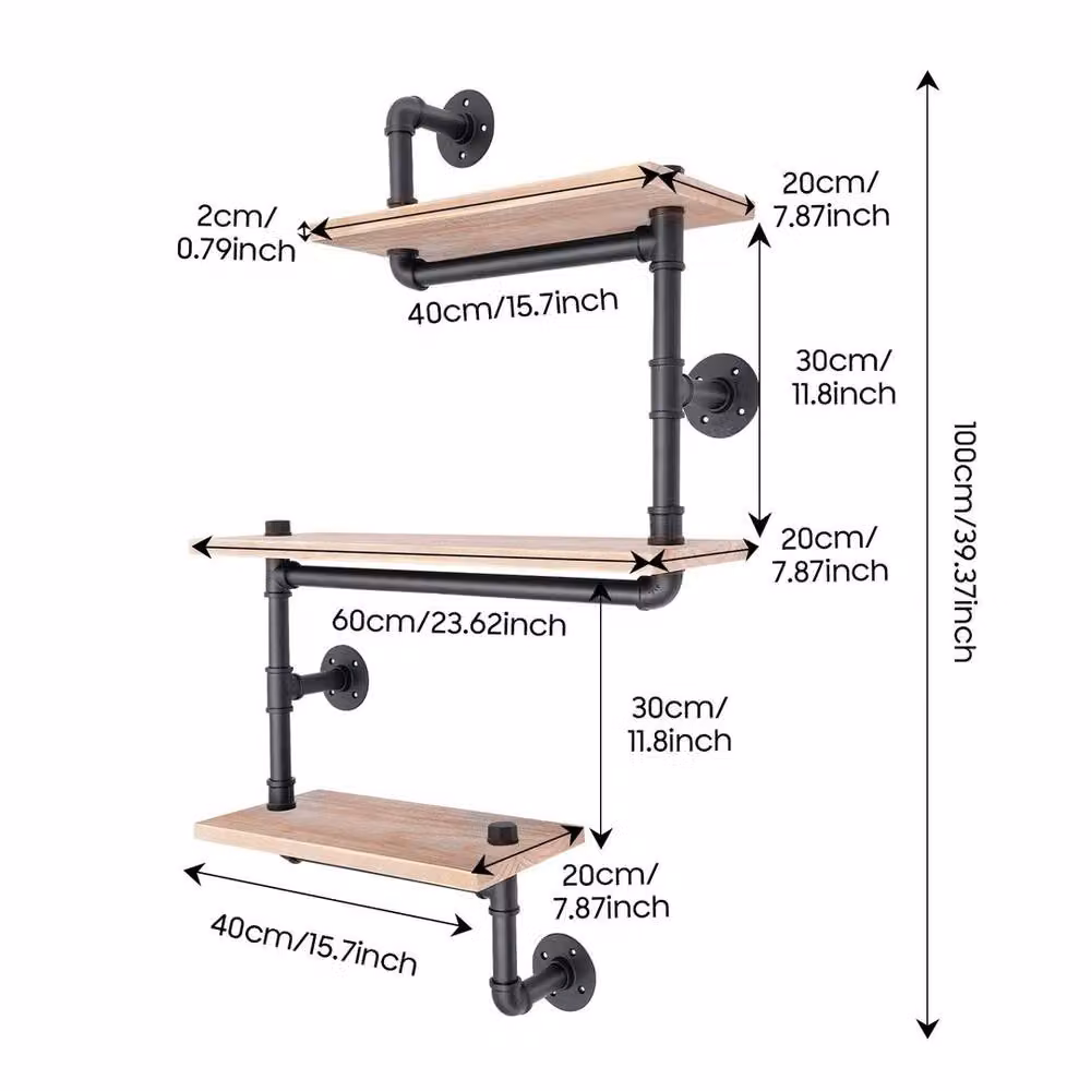 EONLION 3-Tier Brown Floating Wall Mounted Storage Rack with Wood and Metal Shelves, Width: 50 cm – 2