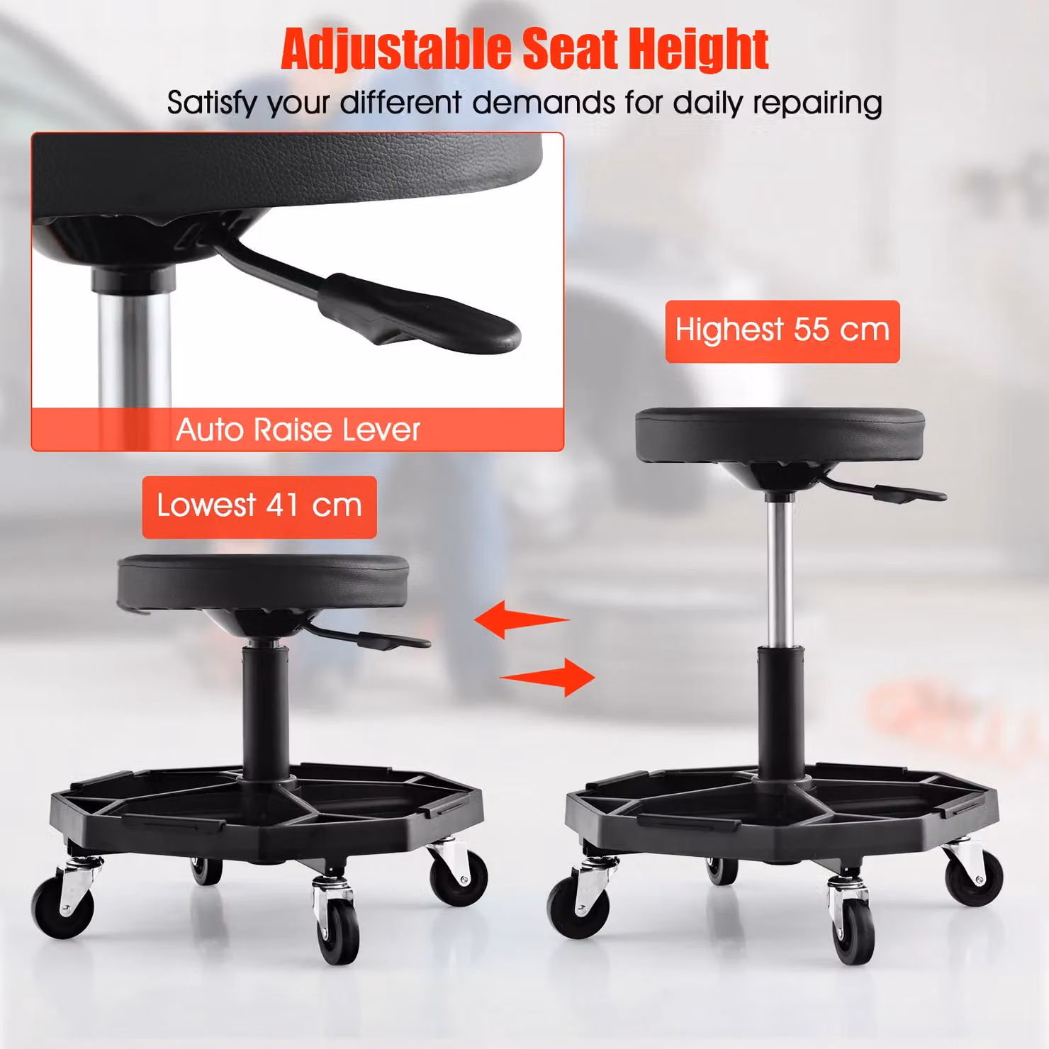 Gymax Black Pneumatic Rolling Garage Stool with Padded Seat and Tool Tray, 150 kg Capacity – 5