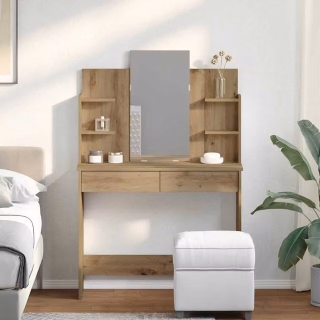 Berkfield Home Beautiful Dressing Table with Mirror in Artisan Oak Brown, W/D/H: 96 x 39 x 142 cm – 1