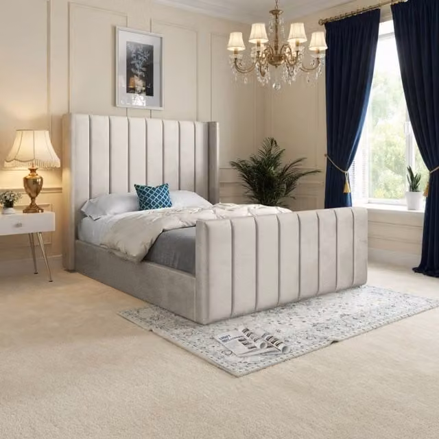 KDMD Sturminster Winged Upholstered Designer Bed Frame in Beige Velvet, Size: King (180 x 200 cm)