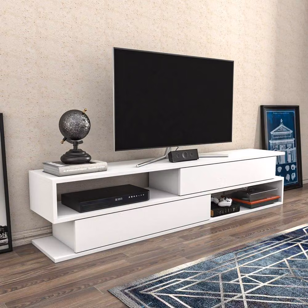 Decorotika Cortez Modern White Geometric TV Unit for TVs up to 182 cm – 2