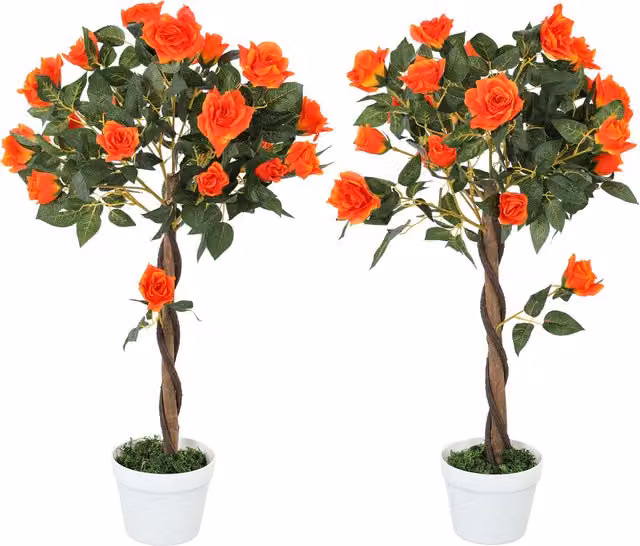 Outsunny Set of 2 Artificial White Rose Floral Plants in Orange Pots, Height: 90 cm