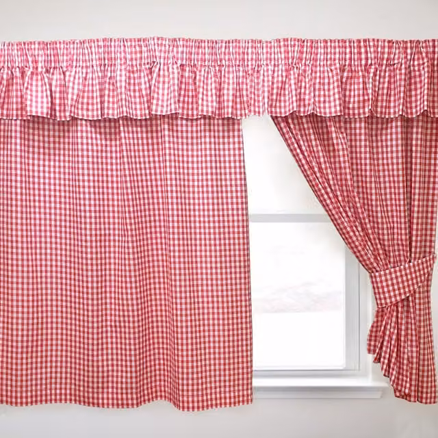 Kitchenwise Red Gingham Check Fabric Curtains with Pencil Pleat Header