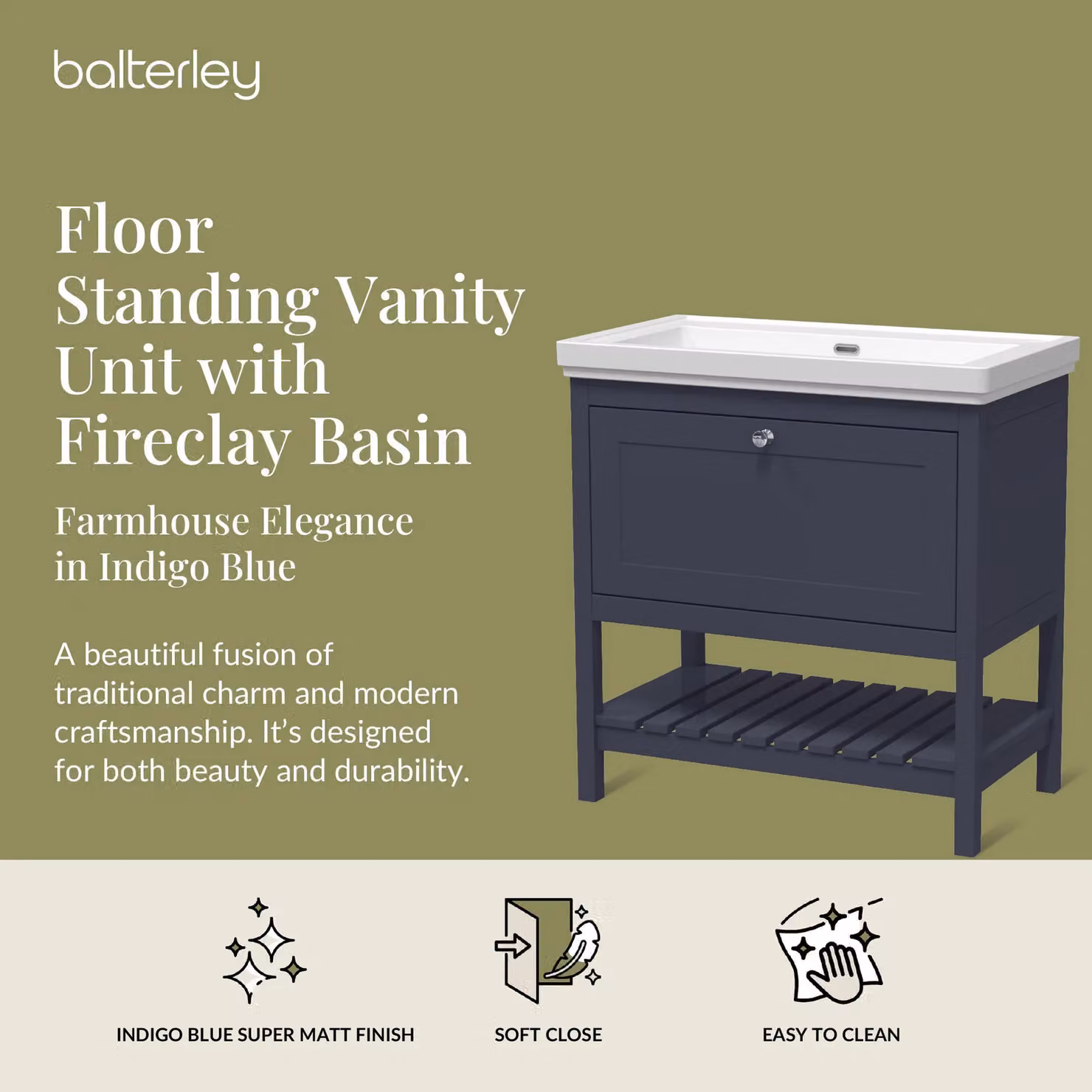 Balterley Freestanding Bathroom Vanity Unit with Basin and Open Shelf, Blue or Grey, W: 80 cm, D: 47 cm, H: 46.5 cm – 2