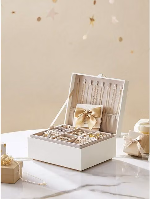 SONGMICS 2-Layer Jewellery Box Organiser with Handles, White and Gold